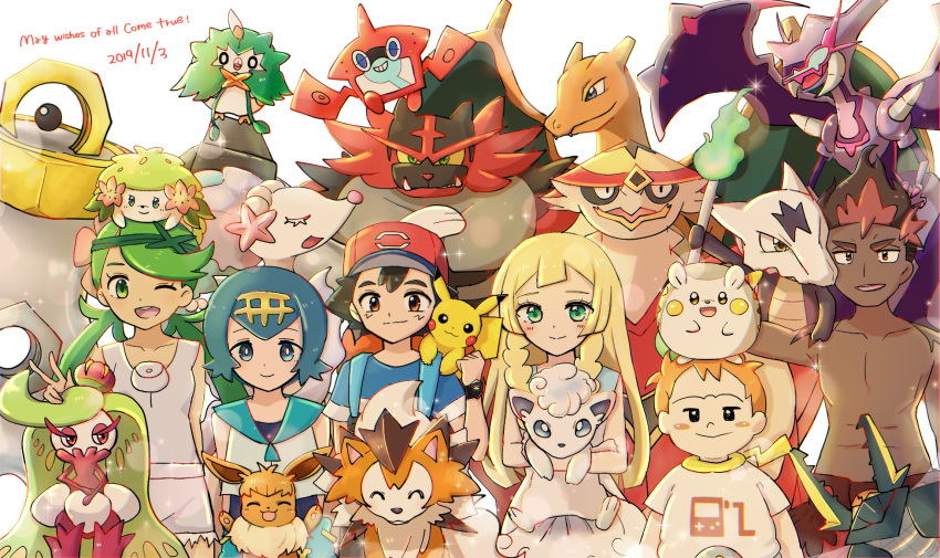 3boys, 3girls, alolan_marowak, alolan_vulpix, animal, bird, bone, cat