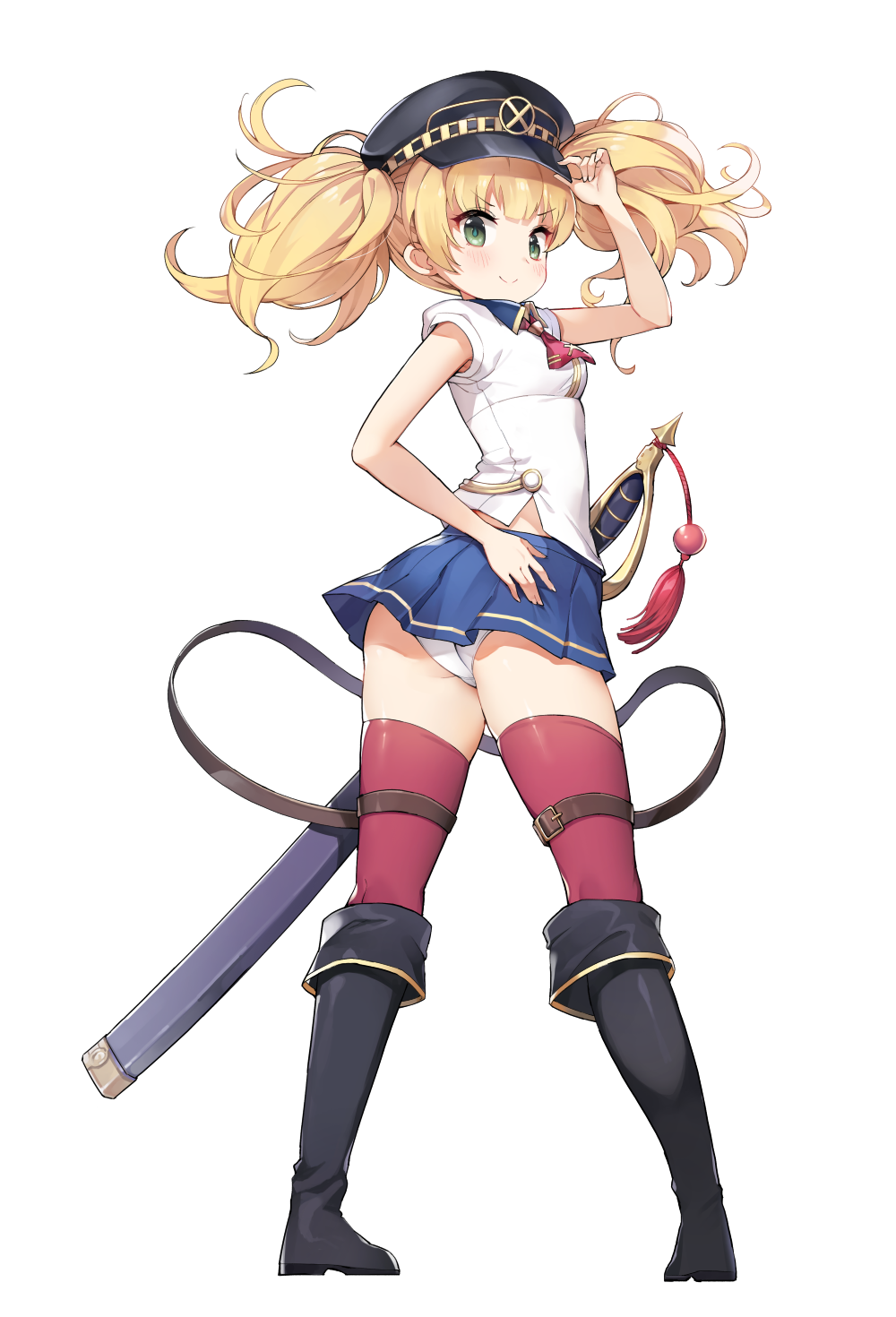 >:), 1girl, arm_up, ascot, ass, black_footwear, black_headwear, blonde_hair