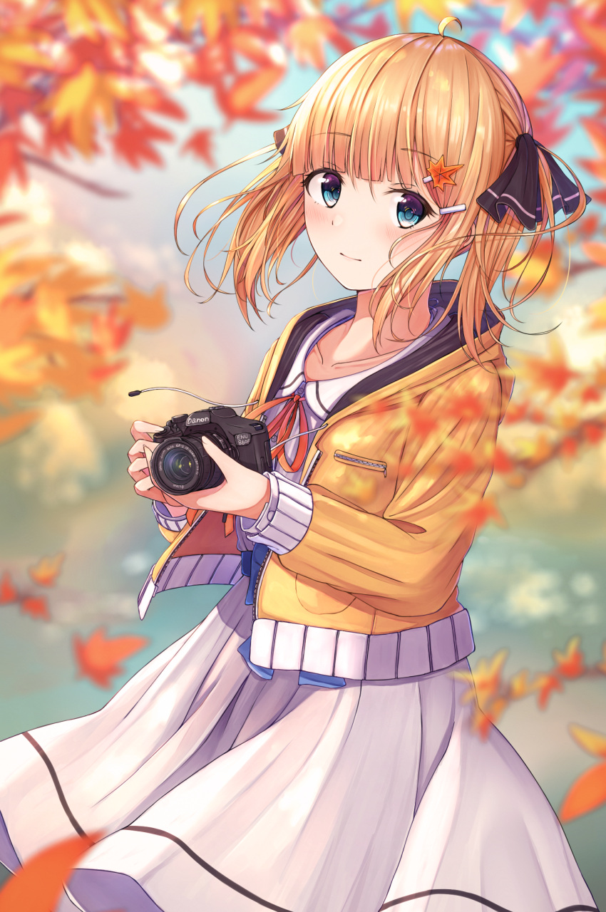 1girl, ahoge, autumn, autumn_leaves, bangs, black_ribbon, blonde_hair, blue_eyes