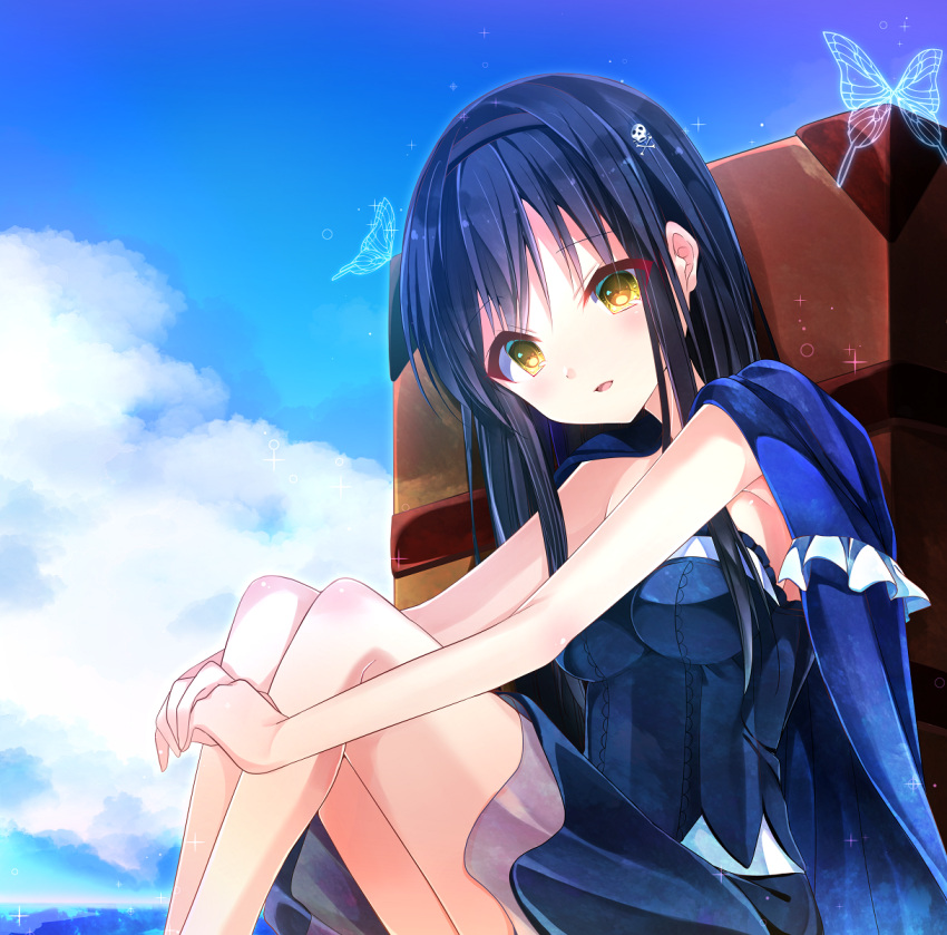 1girl, bangs, black_hair, black_hairband, blue_cape, blue_sky, breasts, cape