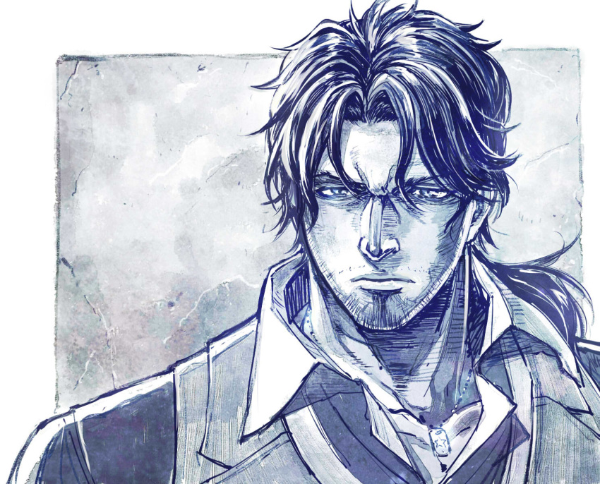1boy, bangs, belmond_banderas, blue_theme, closed_mouth, dog_tags, facial_hair, high_collar