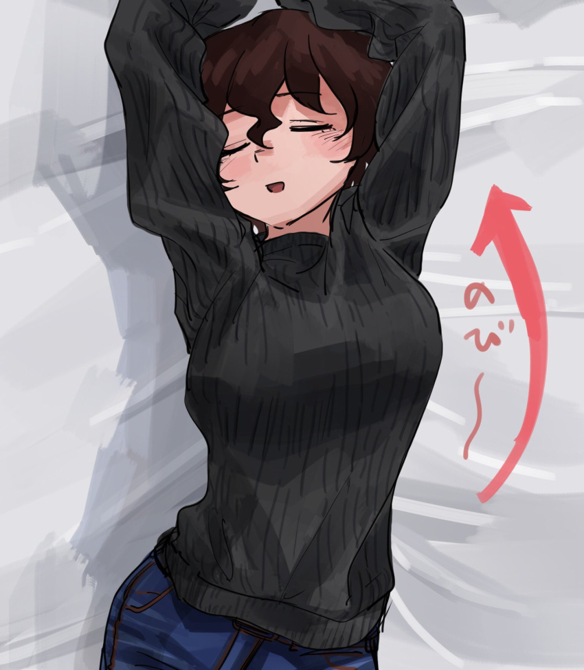 1girl, akaboshi_koume, blush, brown_hair, closed_eyes, denim, girls_und_panzer, hair_between_eyes