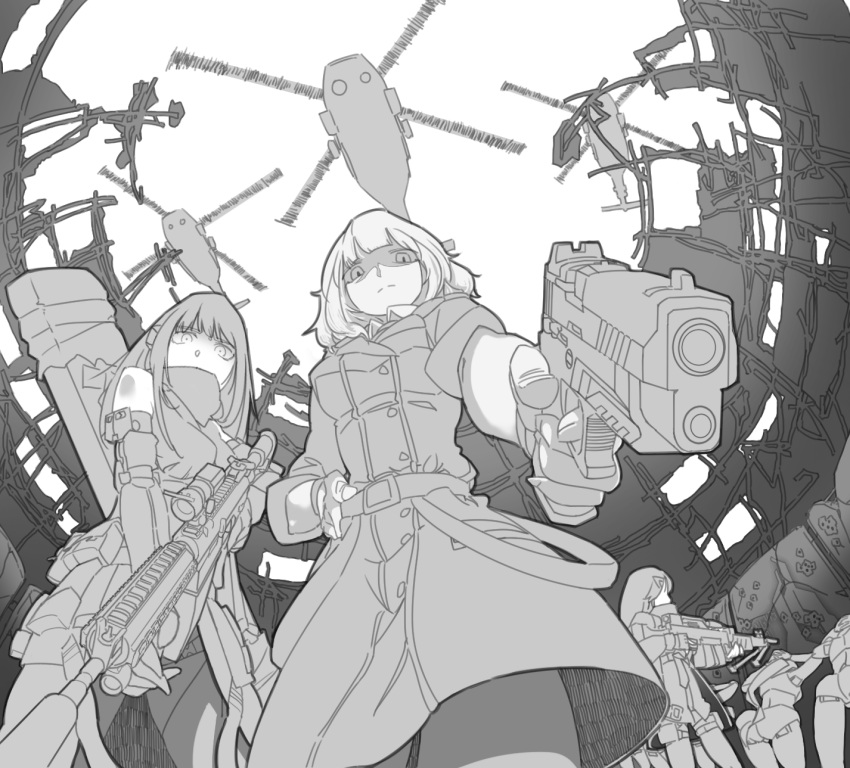 6+girls, aiming_at_viewer, aircraft, arms_behind_head, artist_request, assault_rifle, commentary_request, finger_on_trigger