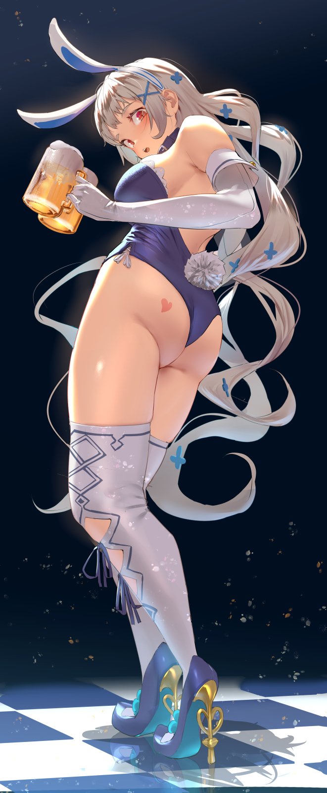 1girl, alcohol, animal_ears, ass, ass_tattoo, bangs, bare_shoulders, beer