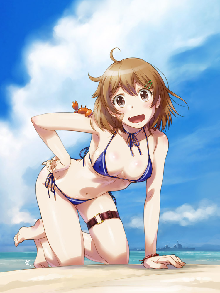 1girl, 1other, all_fours, animal, animal_on_shoulder, bandaid, bandaid_on_face, barefoot