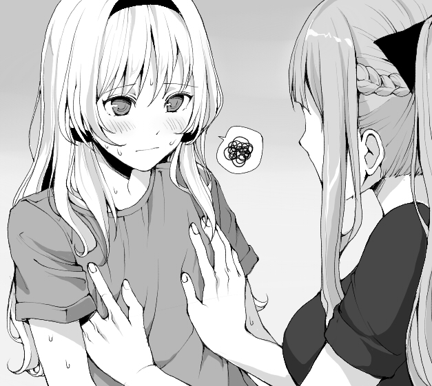 2girls, ak-12_(girls_frontline), an-94_(girls_frontline), blush, braid, breasts, embarrassed, french_braid, girls_frontline, haha_(haha94790419), hair_ribbon, hairband, hand_on_breasts, hands_on_another's_chest, large_breasts, monochrome, multiple_girls, ponytail, ribbon, shirt, short_sleeves, simple_background, speech_bubble, sweat, wavy_mouth, yuri