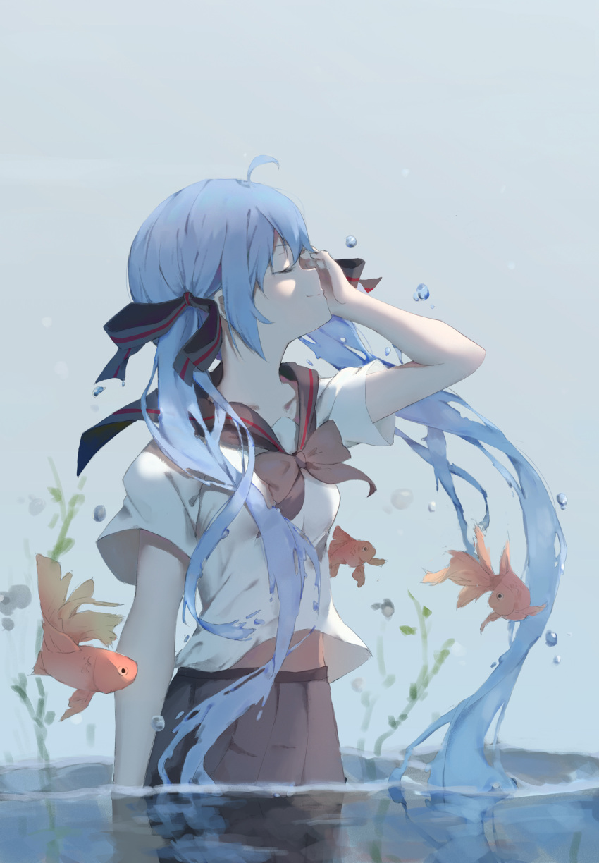 1girl, absurdres, ahoge, arm_up, black_ribbon, black_sailor_collar, black_skirt, bottle_miku