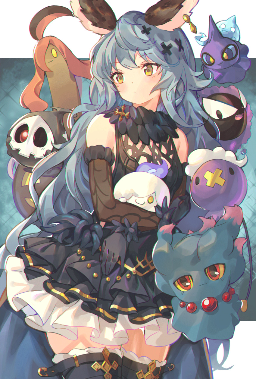 1girl, animal_ears, bare_shoulders, black_dress, black_gloves, blue_hair, blush, candle