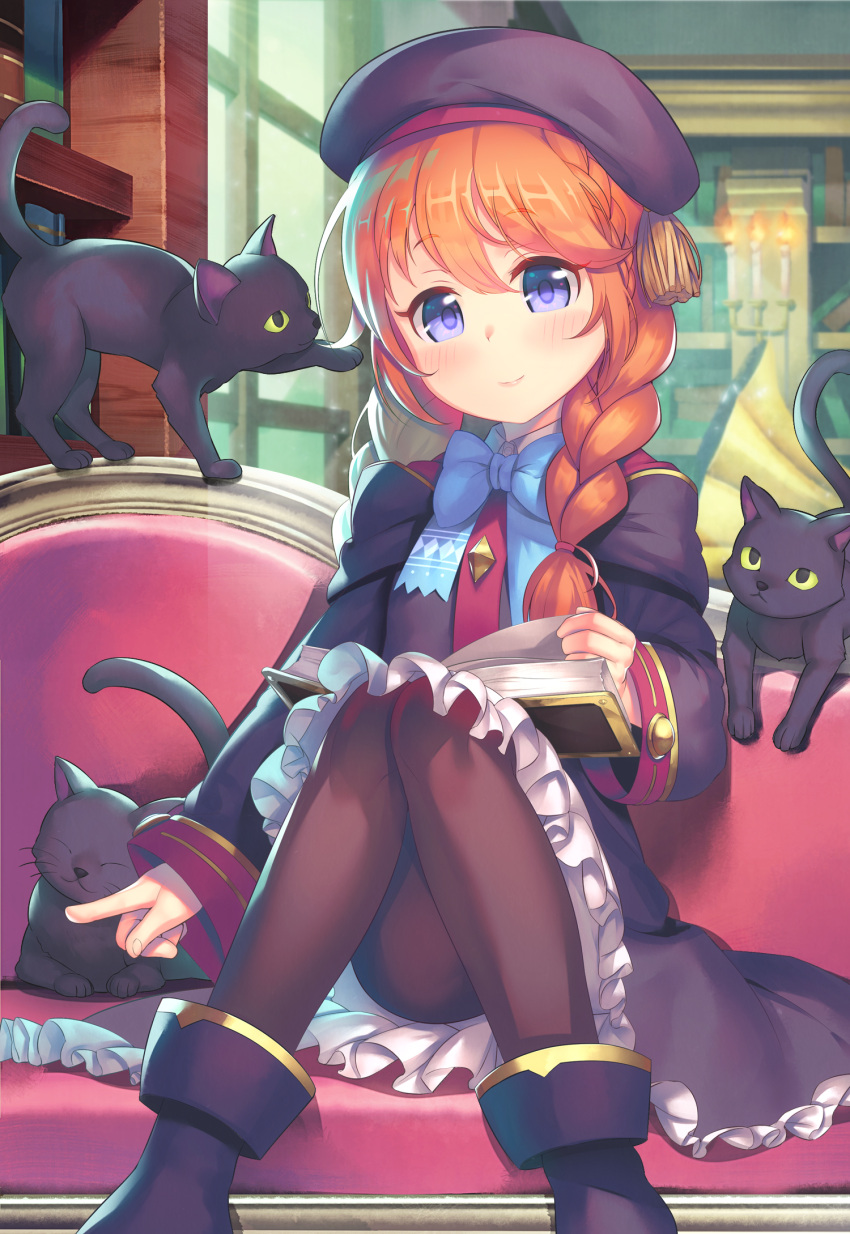 1girl, animal, bangs, beret, black_cat, black_dress, black_footwear, black_headwear
