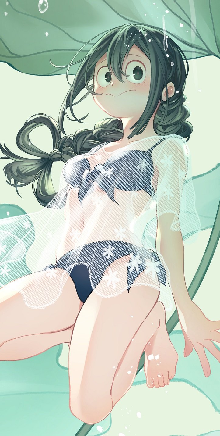 1girl, asui_tsuyu, bangs, barefoot, bikini, black_bikini, black_eyes, black_hair, blurry, blurry_background, boku_no_hero_academia, braid, closed_mouth, cover-up, day, droplet, front-tie_bikini, front-tie_top, full_body, highres, leaf, long_hair, looking_at_viewer, minigirl, nanaminn, outdoors, rain, see-through, side-tie_bikini, single_braid, smile, solo, squatting, swimsuit