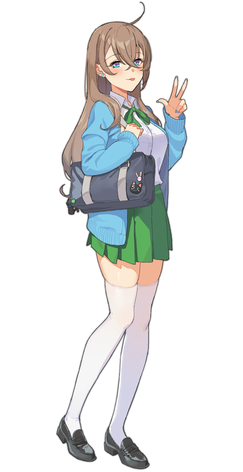 1girl, absurdres, ahoge, aqua_earrings, aqua_jacket, aqua_nails, asymmetrical_bangs, bangs, blue_eyes, brown_eyes, eyebrows_visible_through_hair, green_ribbon, green_skirt, hair_between_eyes, highres, icarus_(632247131), jacket, loafers, long_hair, looking_at_viewer, neck_ribbon, original, pleated_skirt, ribbon, school_uniform, shirt, shoes, simple_background, skindentation, skirt, smile, solo, thigh-highs, white_background, white_legwear, white_shirt