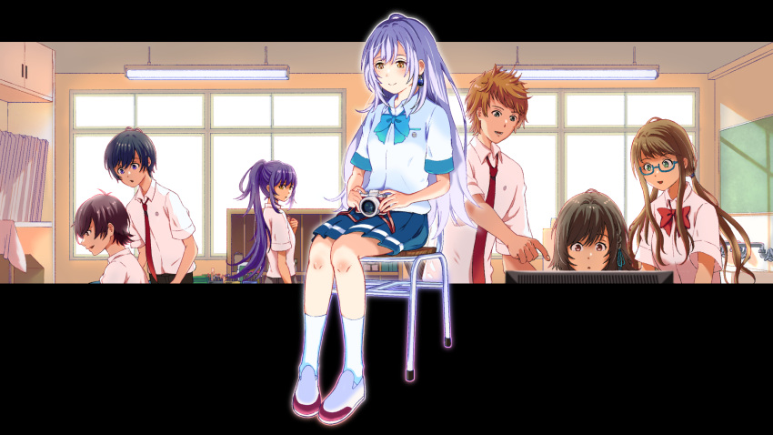 3boys, 4girls, aoi_yuito, blue_bow, blue_earrings, blue_skirt, bow, braid