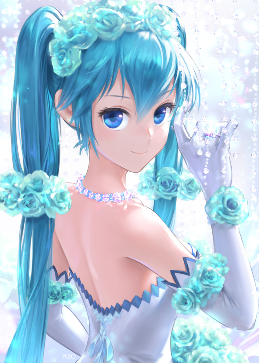 1girl, aqua_flower, aqua_hair, aqua_rose, artist_name, bangs, bare_shoulders, bead_curtain