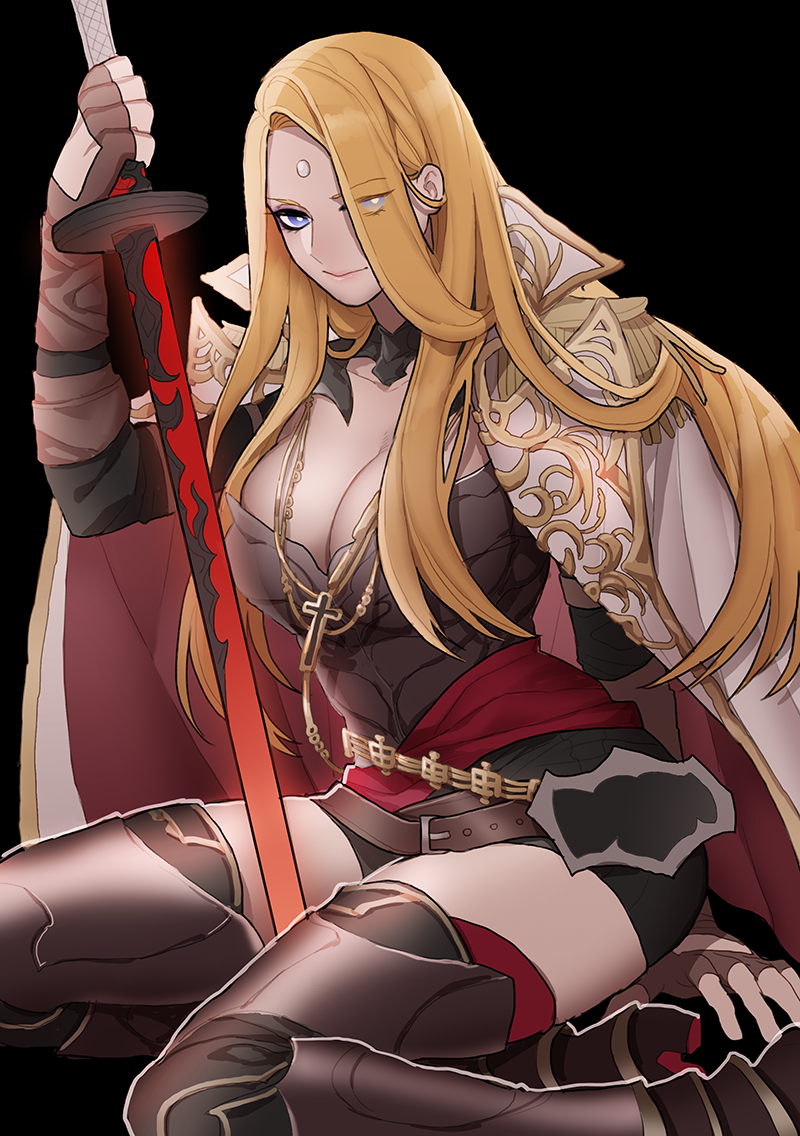 1girl, between_legs, black_background, blonde_hair, blue_eyes, breasts, bright_pupils, closed_mouth, coat, cross, cross_necklace, epaulettes, eyebrows_visible_through_hair, eyes_visible_through_hair, final_fantasy, final_fantasy_xiv, fingerless_gloves, fuka_(kirrier), genderswap, genderswap_(mtf), gloves, grey_gloves, holding, holding_sword, holding_weapon, jewelry, katana, large_breasts, long_hair, looking_at_viewer, necklace, open_clothes, open_coat, smile, solo, straight_hair, sword, thigh-highs, third_eye, very_long_hair, weapon, white_coat, white_pupils, zenos_yae_galvus, zettai_ryouiki