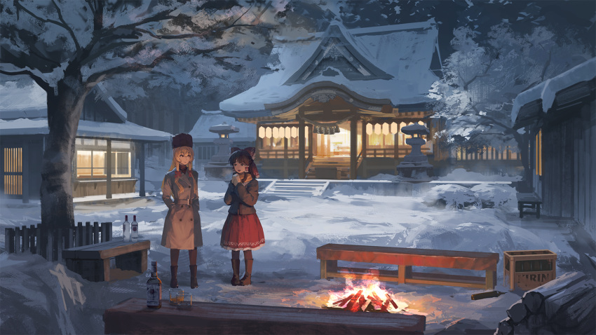 2girls, alcohol, architecture, bangs, belt, bench, blonde_hair, boots
