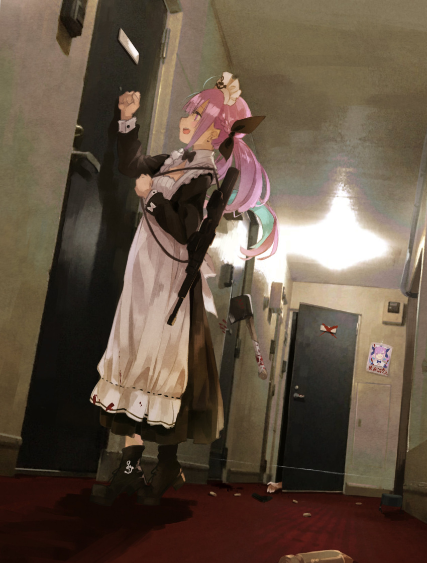 1girl, :d, absurdres, ahoge, alternate_costume, anchor, apron, arm_up