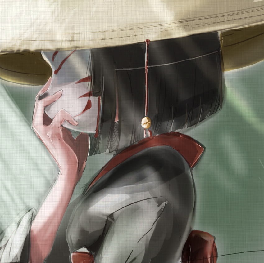 1girl, adjusting_mask, ajirogasa, black_hair, black_kimono, blunt_ends, bob_cut, brown_headwear