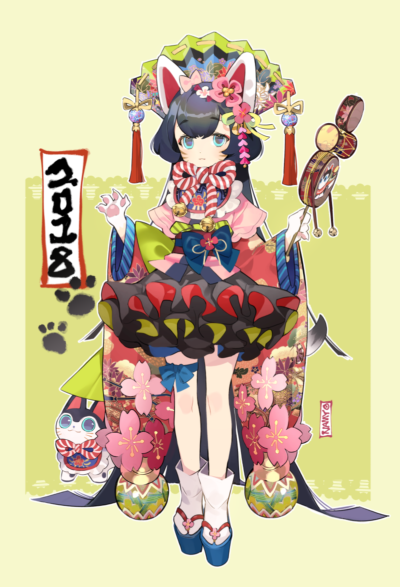 1girl, 2018, :3, absurdly_long_hair, animal_ears, artist_name, bell, black_hair, blue_eyes, chinese_zodiac, commentary_request, dog, dog_ears, dog_tail, facial_mark, fan, flower, folding_fan, full_body, furry, green_background, hair_flower, hair_ornament, holding, holding_instrument, instrument, inu-hariko, japanese_clothes, jingle_bell, kouhaku_nawa, layered_skirt, long_hair, long_sleeves, looking_at_viewer, namyo, new_year, obi, original, outline, paw_print, paws, platform_footwear, ribbon, sandals, sash, solo, standing, tabi, taiko_drum, tail, tassel, thigh_ribbon, very_long_hair, whisker_markings, wide_sleeves, year_of_the_dog