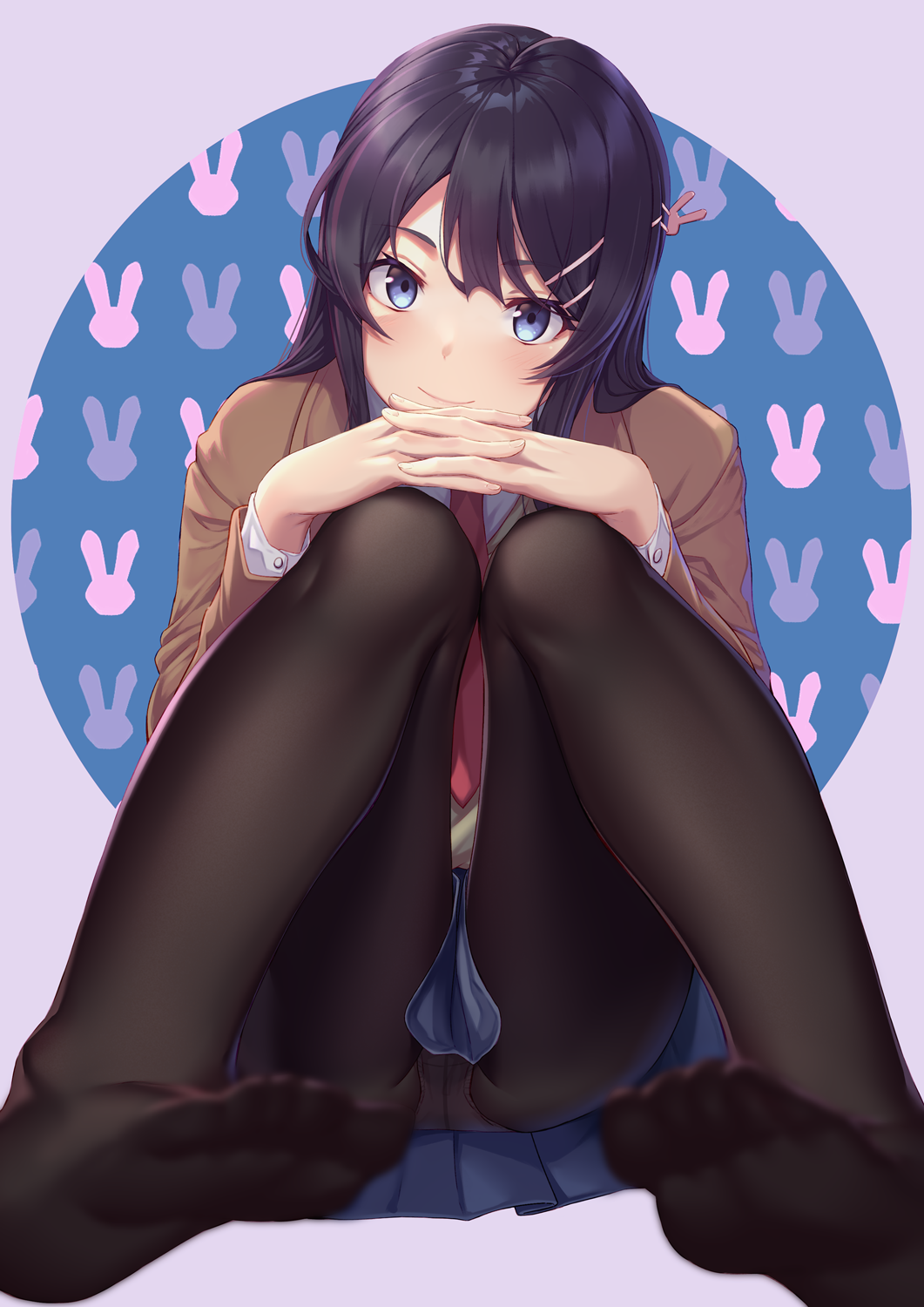1girl, bangs, black_hair, blue_eyes, blue_skirt, blurry_foreground, brown_jacket, closed_mouth, collared_shirt, dress_shirt, feet, fifty1202, hair_ornament, hairclip, highres, interlocked_fingers, jacket, long_hair, looking_at_viewer, no_shoes, panties, pantyhose, pleated_skirt, red_neckwear, sakurajima_mai, school_uniform, seishun_buta_yarou, shirt, sitting, skirt, smile, underwear, upskirt, white_shirt