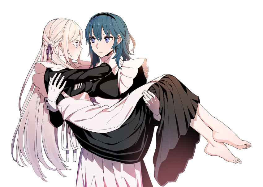 14_(vision5032), 2girls, alternate_costume, apron, barefoot, blue_eyes, blush, byleth_(fire_emblem)