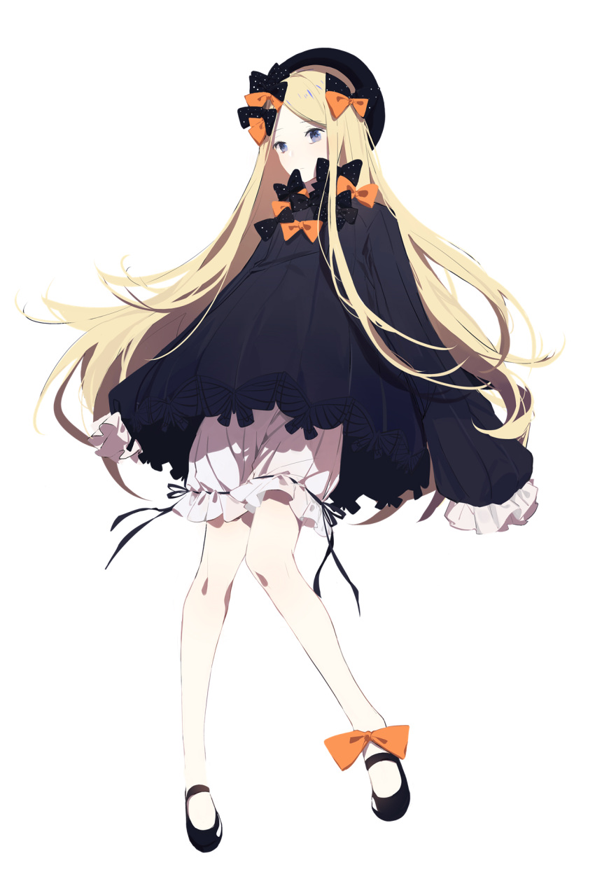 1girl, abigail_williams_(fate/grand_order), aqua-, bangs, black_bow, black_dress, black_footwear, black_headwear