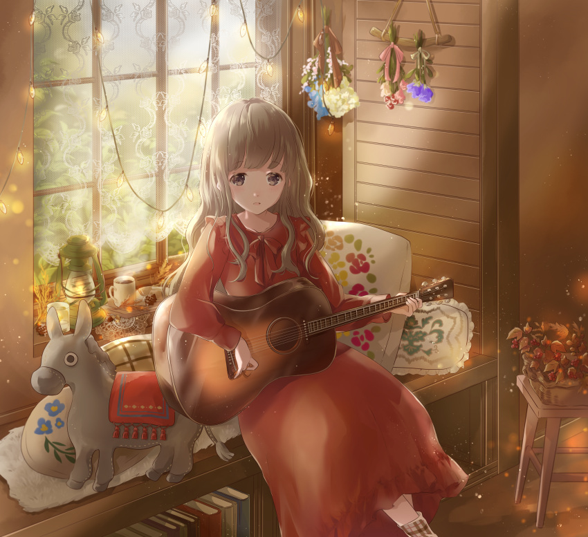 1girl, absurdres, bangs, basket, blurry, bobby_socks, book, bookshelf
