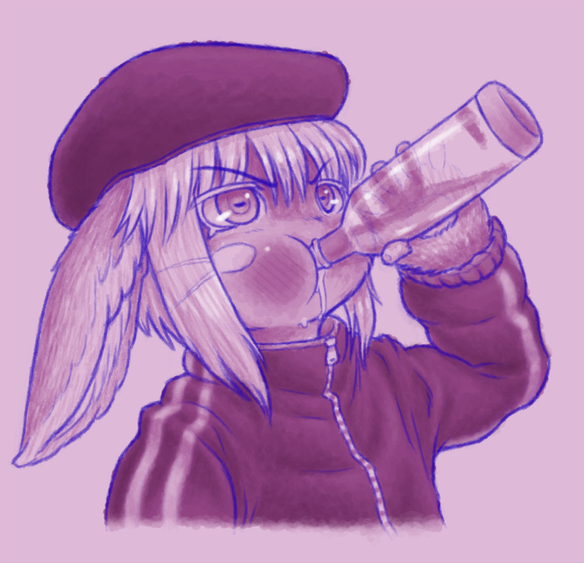 1girl, alcohol, animal_ears, blush, bune_poster, drinking, eyebrows_visible_through_hair, flat_cap