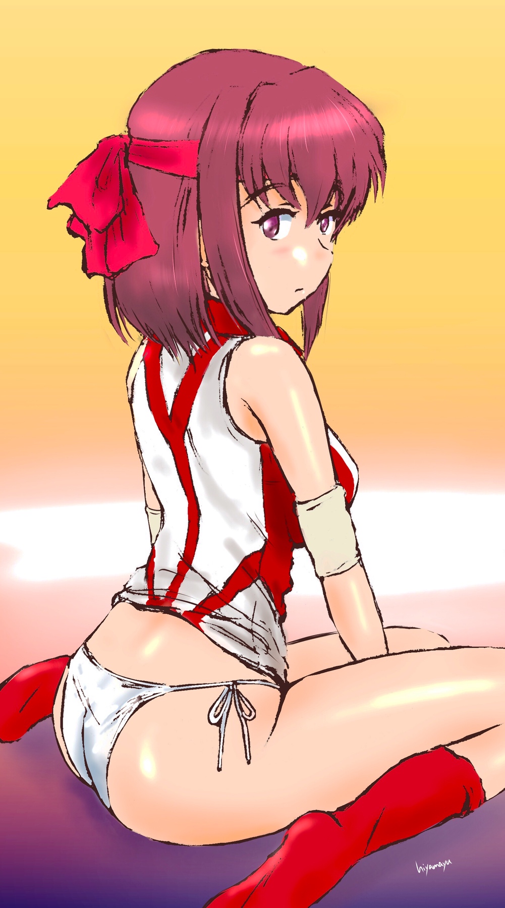 1girl, artist_name, ass, bangs, brown_eyes, brown_hair, closed_mouth, commentary