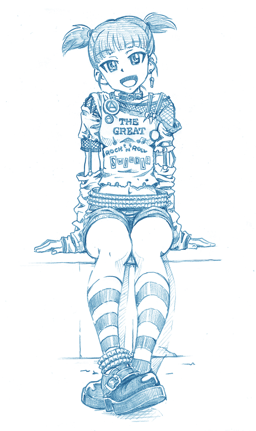 1girl, :d, anklet, arm_garter, badge, bangs, bbb_(friskuser), belt