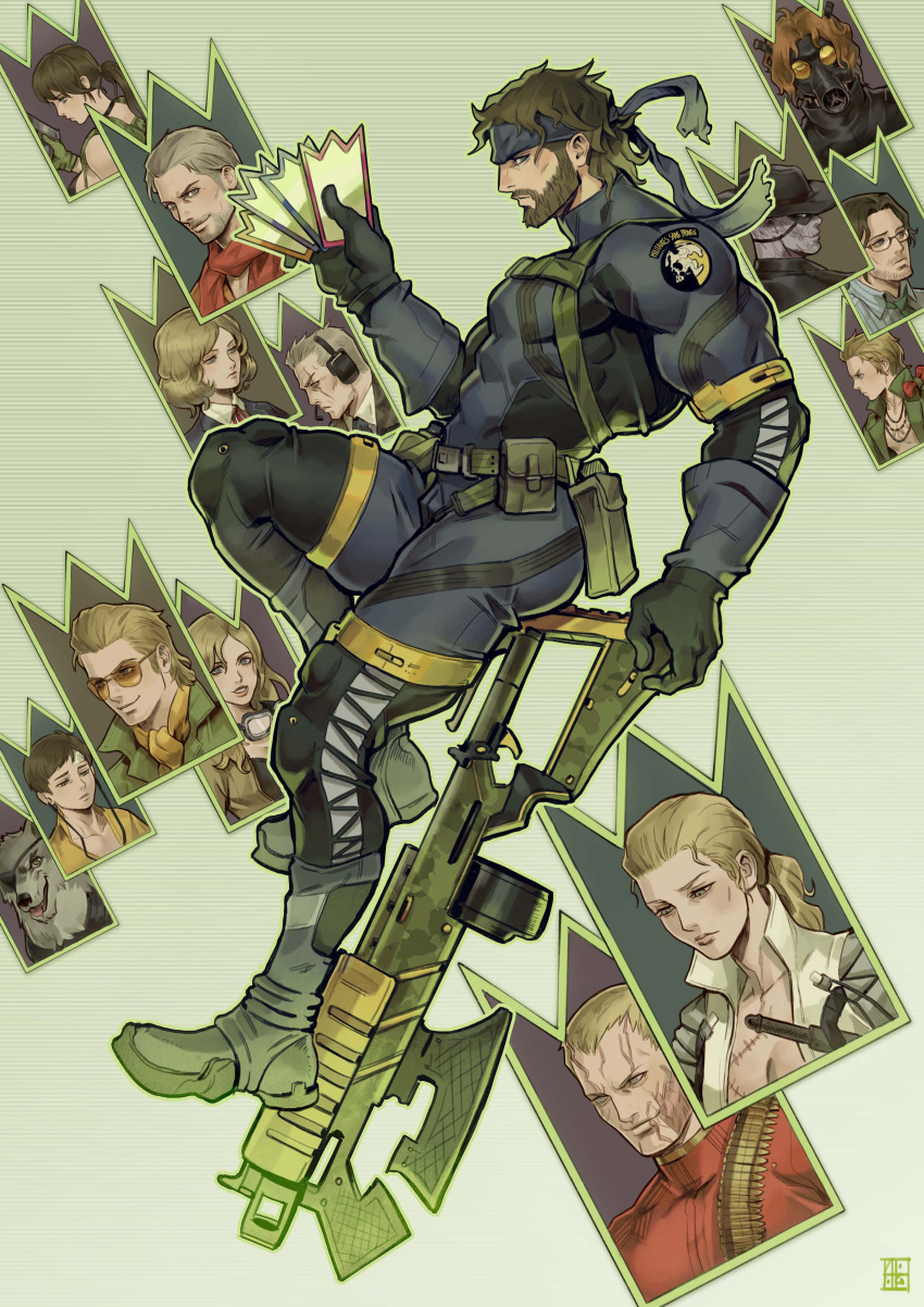 absurdres, alejandro_tio, beard, big_boss, blonde_hair, bodysuit, boots, brown_hair, card, chico_(metal_gear), diamond_dog, dog, eli_(mgs), eva_(mgs), eyepatch, facial_hair, glasses, grey_hair, gun, headband, highres, huey_(metal_gear), kazuhira_miller, kingdom_hearts, kingdom_hearts_chain_of_memories, looking_at_viewer, major_zero, metal_gear_(series), metal_gear_solid_3, metal_gear_solid_peace_walker, metal_gear_solid_v, parody, paz_ortega_andrade, quiet_(metal_gear), revolver_ocelot, scarf, sunglasses, the_boss, tretji_rebenok, weapon, yevgeny_borisovitch_volgin