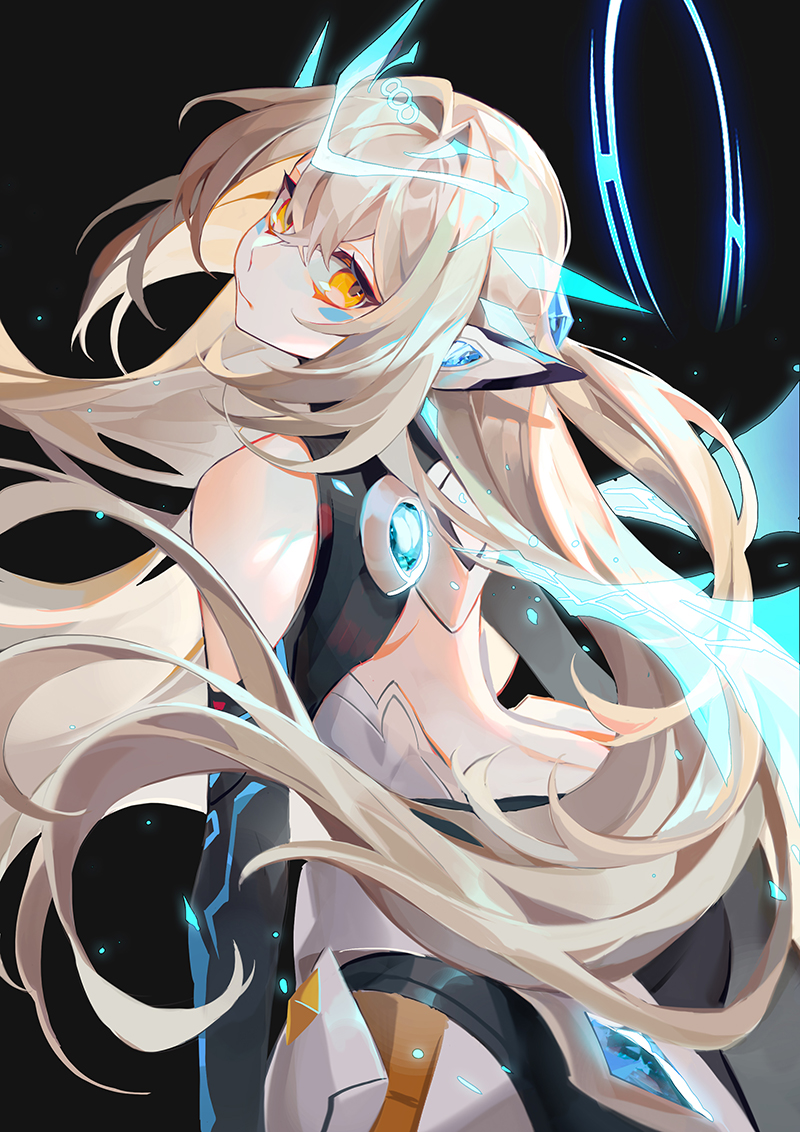 1girl, arched_back, back, backless_outfit, bangs, bare_shoulders, black_background, closed_mouth