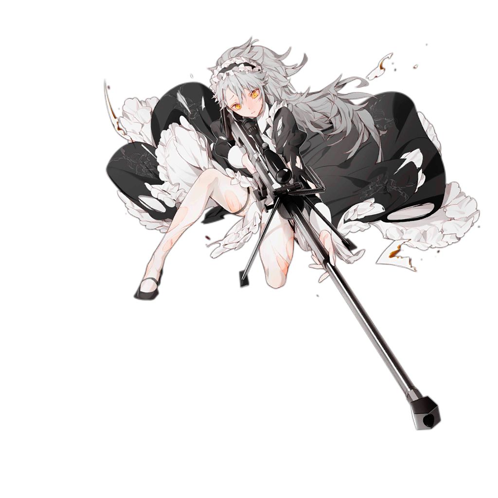1girl, ahoge, aiming, alternate_costume, alternate_hairstyle, anti-materiel_rifle, apron, badge, bangs, bipod, black_ribbon, blush, breasts, closed_mouth, damaged, dress, enmaided, frilled_apron, frills, frown, full_body, gepard_m1, gepard_m1_(girls_frontline), girls_frontline, gun, hair_between_eyes, head_tilt, holding, holding_gun, holding_weapon, juliet_sleeves, km2o4, lifted_by_self, long_hair, long_sleeves, looking_away, maid, maid_headdress, mary_janes, medium_breasts, messy_hair, mid-stride, neck_ribbon, official_art, one_knee, pale_skin, pantyhose, paper, ponytail, puffy_sleeves, ribbon, rifle, scope, shoes, sidelocks, skirt, skirt_lift, sniper_rifle, squatting, thigh_strap, torn_apron, torn_clothes, torn_dress, torn_legwear, transparent_background, very_long_hair, weapon, white_legwear, wind, wind_lift