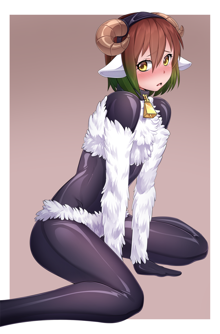 1boy, animal_ears, bangs, bell, bell_collar, black_bodysuit, black_hairband, blush, bodysuit, brown_background, brown_hair, collar, commentary, commission, english_commentary, eyebrows_visible_through_hair, fake_horns, gradient_hair, green_hair, hair_between_eyes, hairband, highres, horns, iwbitu-sa, looking_at_viewer, male_focus, multicolored_hair, open_mouth, original, otoko_no_ko, sheep_boy, sheep_ears, sheep_horns, simple_background, solo, yellow_eyes