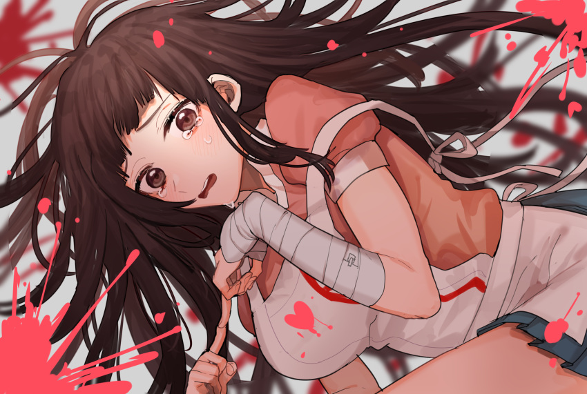 1girl, apron, bandages, black_hair, blush, breasts, commentary_request, dangan_ronpa