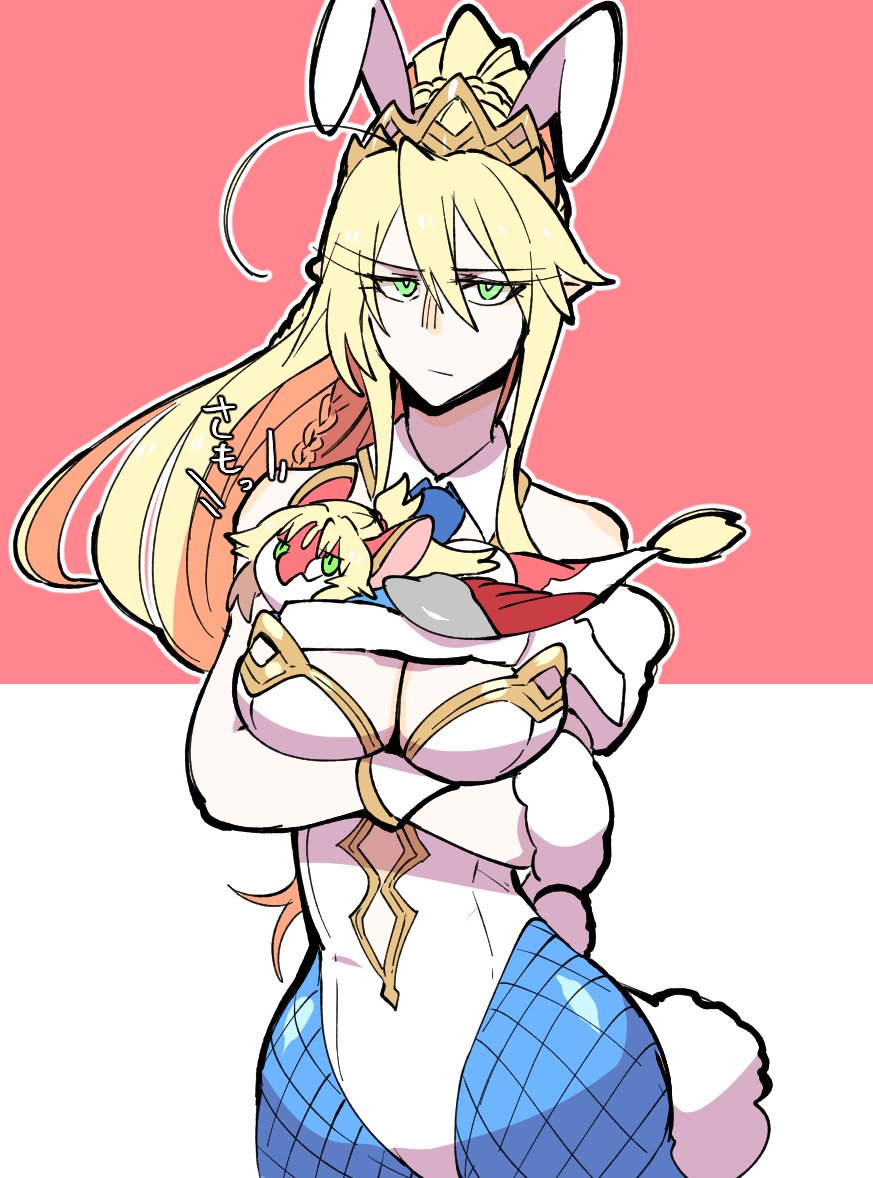 ahoge, animal_ears, animalization, artoria_pendragon_(all), artoria_pendragon_(swimsuit_ruler)_(fate), blonde_hair, blue_legwear, blue_neckwear