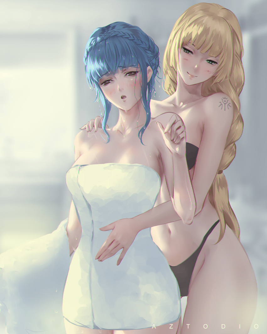 2girls, absurdres, azto_dio, bandeau, bathroom, bikini, black_bikini, blonde_hair