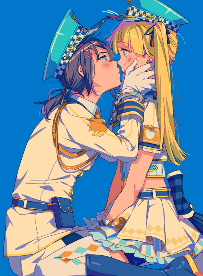 2girls, alternate_hairstyle, armband, bandolllll, bang_dream!, bangs, belt, belt_pouch, black_hair, blonde_hair, blue_background, blue_eyes, blue_footwear, blue_headwear, blue_ribbon, blush, boots, checkered, cheek_squash, collared_shirt, commentary_request, cuffs, eye_contact, eyebrows_visible_through_hair, frills, from_side, gloves, hair_ornament, hair_ribbon, hairclip, hand_on_another's_cheek, hand_on_another's_face, hand_on_another's_head, handcuffs, hat, imminent_kiss, layered_skirt, long_hair, long_sleeves, looking_at_another, midriff, midriff_peek, multiple_girls, okusawa_misaki, pants, pleated_skirt, police, police_badge, police_hat, police_uniform, polka_dot, pouch, ribbon, seiza, shirt, short_hair, short_sleeves, simple_background, sitting, skirt, striped, thigh-highs, tied_hair, tsurumaki_kokoro, twintails, uniform, white_gloves, white_legwear, white_pants, wristband, yellow_eyes, yuri