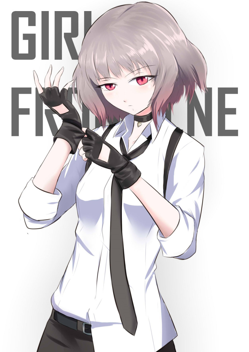 1girl, belt, choker, copyright_name, eyebrows_visible_through_hair, fingerless_gloves, gentiane_(girls_frontline), girls_frontline, gloves, highlights, highres, holster, multicolored_hair, necktie, pants, pink_eyes, putting_on_gloves, redhead, ryuzaki-kaito, shirt, silver_hair, solo, white_shirt