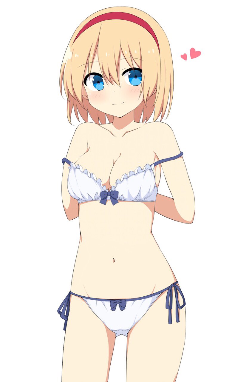 1girl, alice_margatroid, arms_behind_back, bangs, bare_arms, bare_shoulders, blonde_hair, blue_eyes
