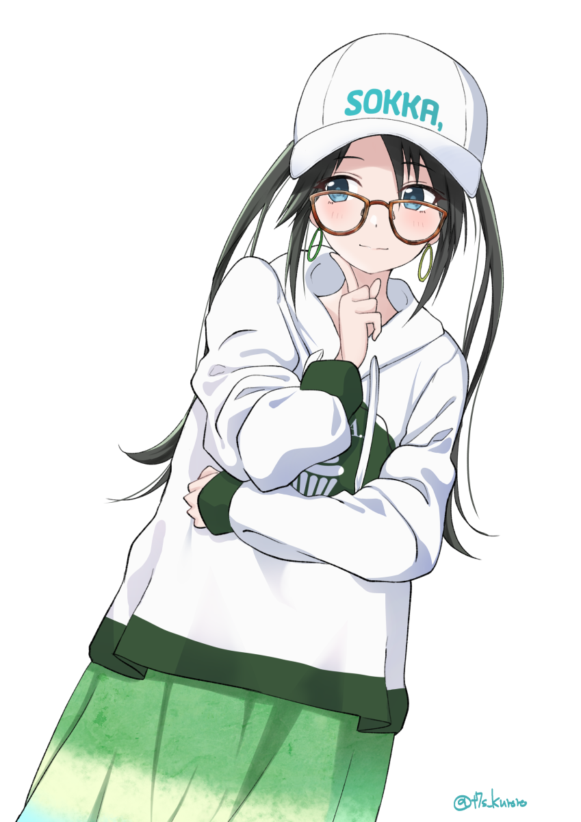 1girl, black-framed_eyewear, black_hair, blue_eyes, blush, closed_mouth, earrings, eyebrows_visible_through_hair