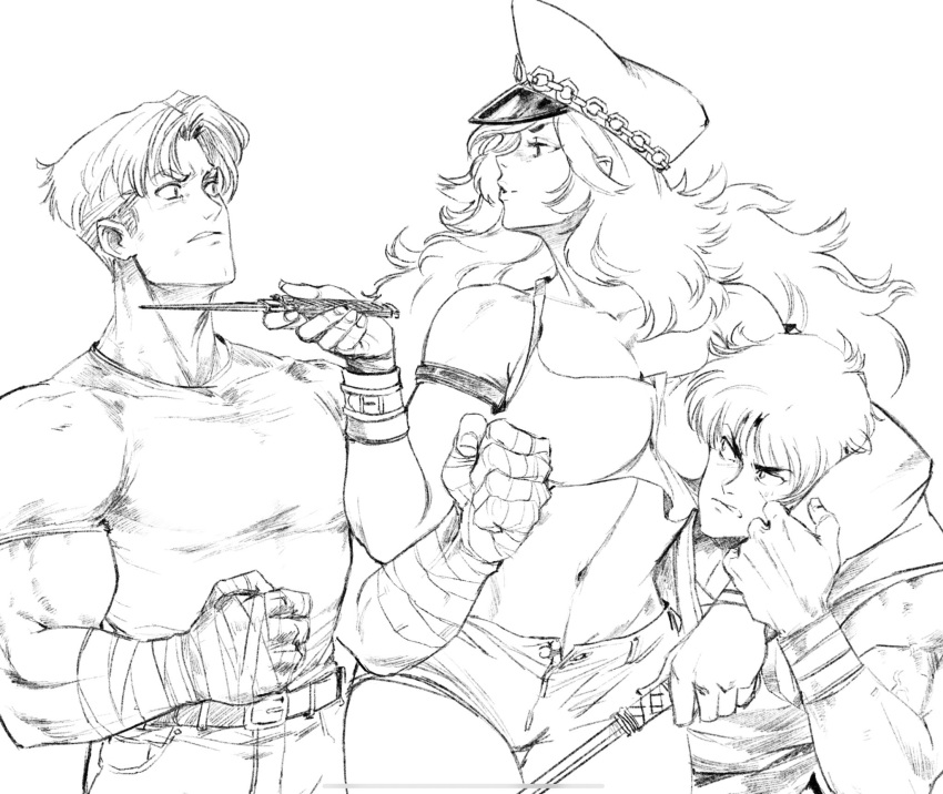 1girl, 2boys, 90s, armlet, bandaged_hands, bandages, big_hair, boy_sandwich