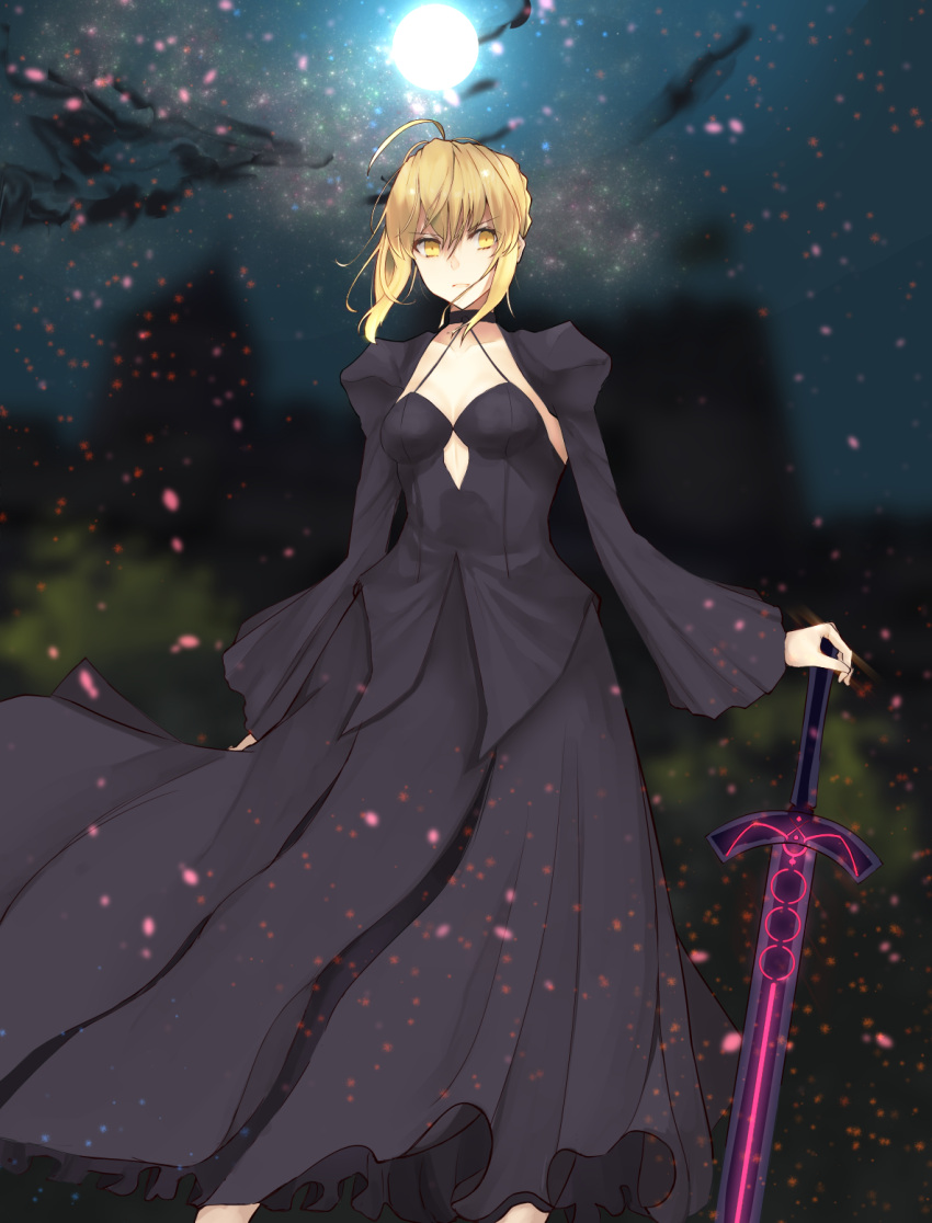 1girl, ahoe, artoria_pendragon_(all), black_dress, blonde_hair, blurry, blurry_background, breasts, commentary_request, dark_excalibur, dress, eyebrows_visible_through_hair, fate/stay_night, fate_(series), hair_between_eyes, heaven's_feel, highres, looking_at_viewer, medium_breasts, moon, night, outdoors, puffy_sleeves, saber_alter, shiina_aoi, solo, weapon, yellow_eyes