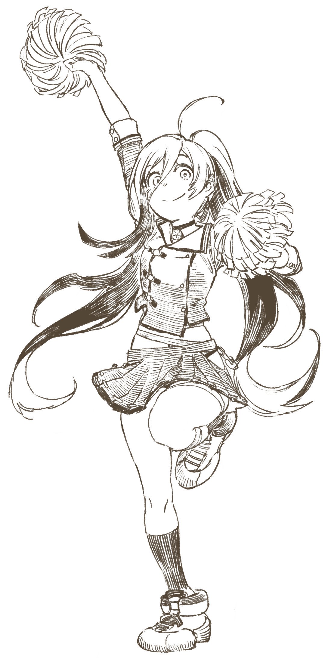 1girl, adapted_costume, ahoge, alternate_costume, alternate_hairstyle, cheerleader, commentary_request, cosplay