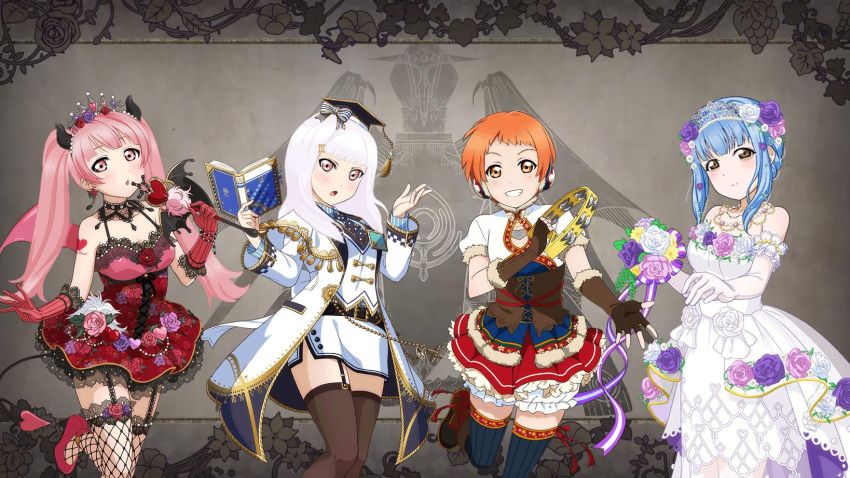 4girls, ascii_media_works, blue_hair, bouquet, braid, bridal_veil, bushiroad, cosplay, crown_braid, demon_horns, demon_tail, dress, fire_emblem, fire_emblem:_three_houses, fire_emblem_16, flower, highres, hilda_valentine_goneril, horns, hoshizora_rin, hoshizora_rin_(cosplay), howdy_nyall, instrument, intelligent_systems, leonie_pinelli, long_hair, love_live!, love_live!_school_idol_festival, love_live!_school_idol_project, love_live!_sunshine!!, lysithea_von_ordelia, marianne_von_edmund, matsuura_kanan, matsuura_kanan_(cosplay), minami_kotori, minami_kotori_(cosplay), multiple_girls, nintendo, ohara_mari, ohara_mari_(cosplay), orange_hair, parody, pink_hair, short_hair, sunrise_(studio), tail, tambourine, teacher, thigh-highs, third-party_edit, tokyo_mx, twintails, veil, wedding_dress, white_hair