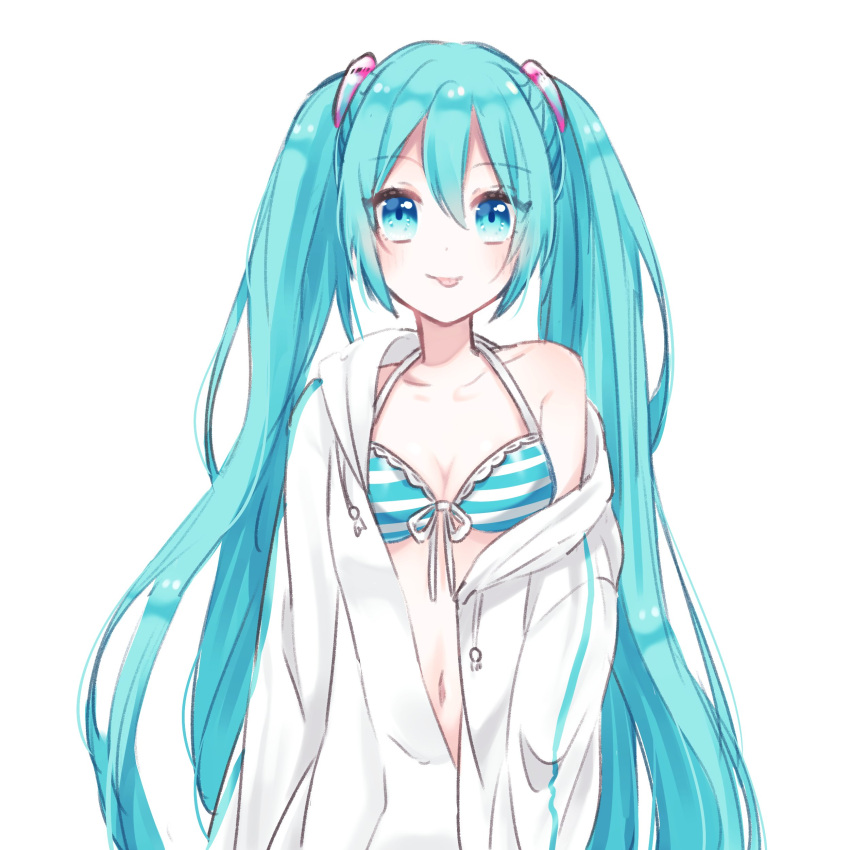 1girl, :p, absurdres, aqua_eyes, aqua_hair, bikini, bikini_top, coat