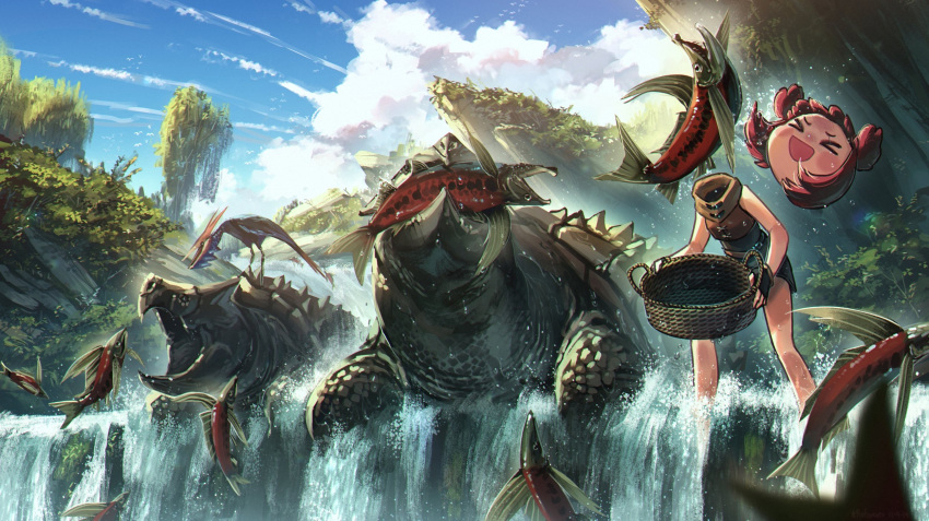 >_<, 1girl, :d, basket, bird, clouds, disembodied_head, dullahan, fingerless_gloves, fishing, gloves, highres, open_mouth, original, porforever, redhead, salmon, smile, snapping_turtle, turtle, water, waterfall