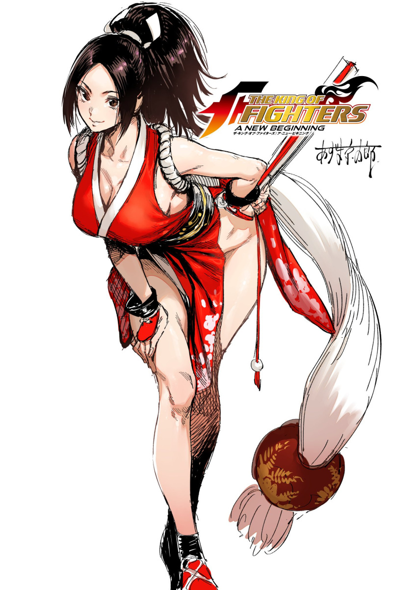 1girl, azuma_kyoutarou_(artist), bangs, bare_shoulders, breasts, brown_eyes, brown_hair, closed_fan, commentary_request, fan, fatal_fury, folding_fan, hand_on_own_thigh, high_ponytail, highres, large_breasts, leaning_forward, looking_at_viewer, ninja, parted_bangs, ponytail, revealing_clothes, rope, shiranui_mai, smile, the_king_of_fighters, thighs