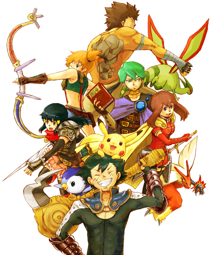 3boys, 3girls, azuma_yukihiko, bad_id, black_hair, blaziken, blue_eyes, book