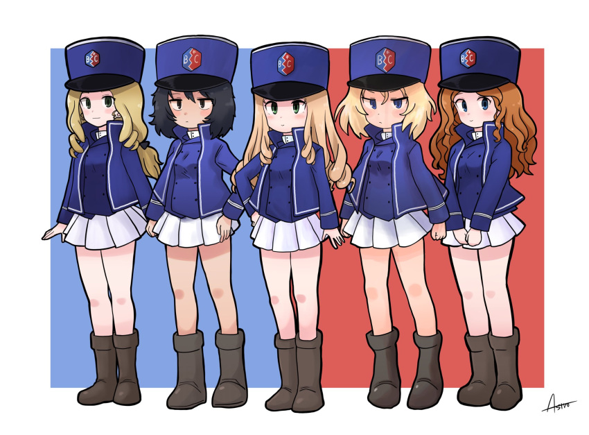 5girls, andou_(girls_und_panzer), artist_name, asutoro_(s--t), bangs, bc_freedom_(emblem), bc_freedom_military_uniform, black_footwear