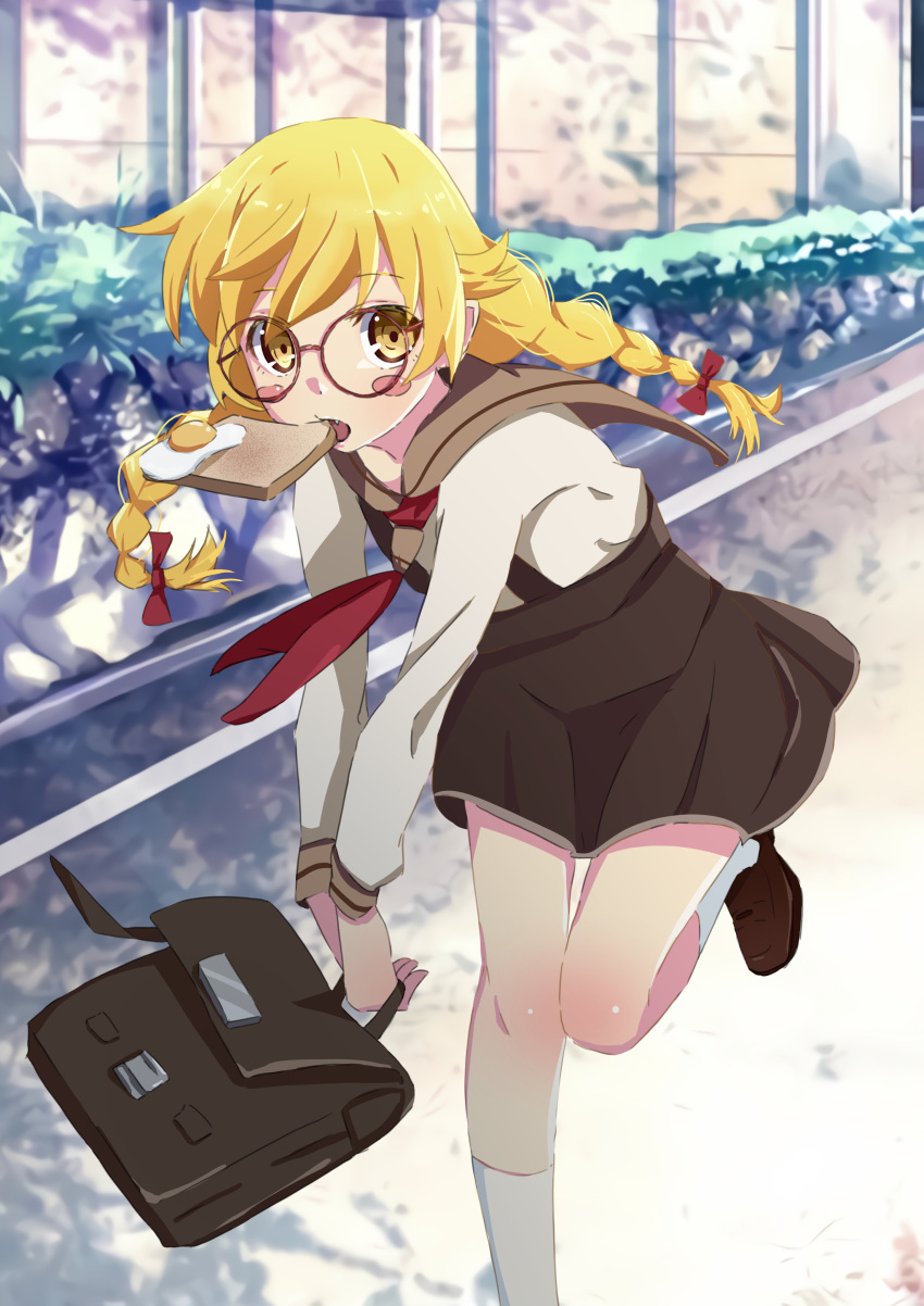 1girl, absurdres, bag, blonde_hair, braid, bread, brown_footwear, brown_skirt